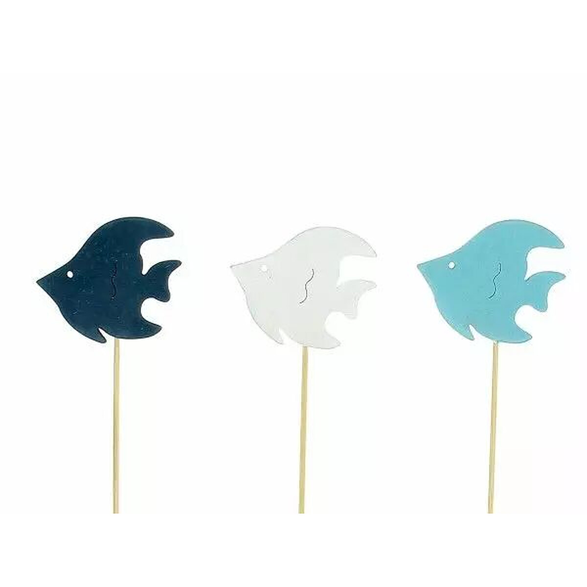 Pics en bois en forme de poisson bleu marine, blanc et turquoise pour compositions marines de fleuriste