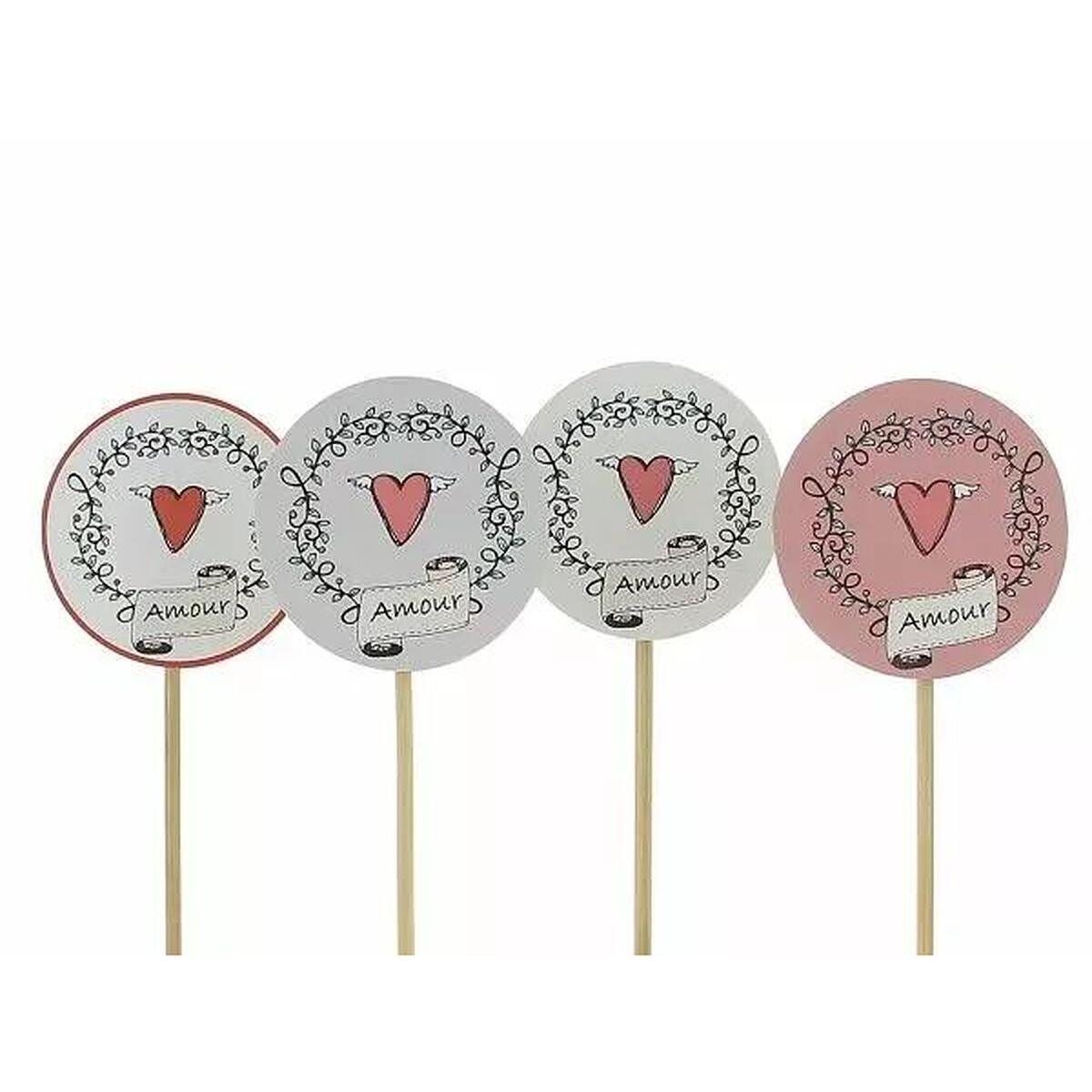 Pics en bois ronds Amour à cœur ailé et couronne de feuillages pour bouquets de Saint-Valentin de fleuriste
