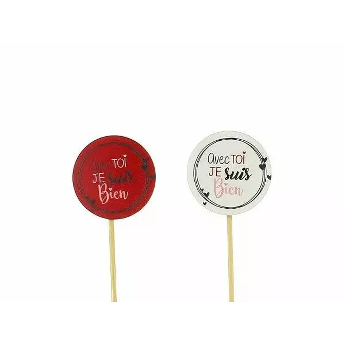 Pics en bois ronds Avec toi je suis bien en rouge et blanc pour bouquets de Saint-Valentin de fleuriste