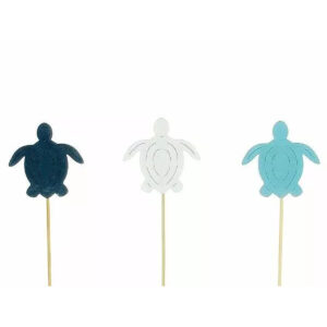Pics en bois en forme de tortue de mer bleu marine, blanc et turquoise pour décors marins de fleuriste