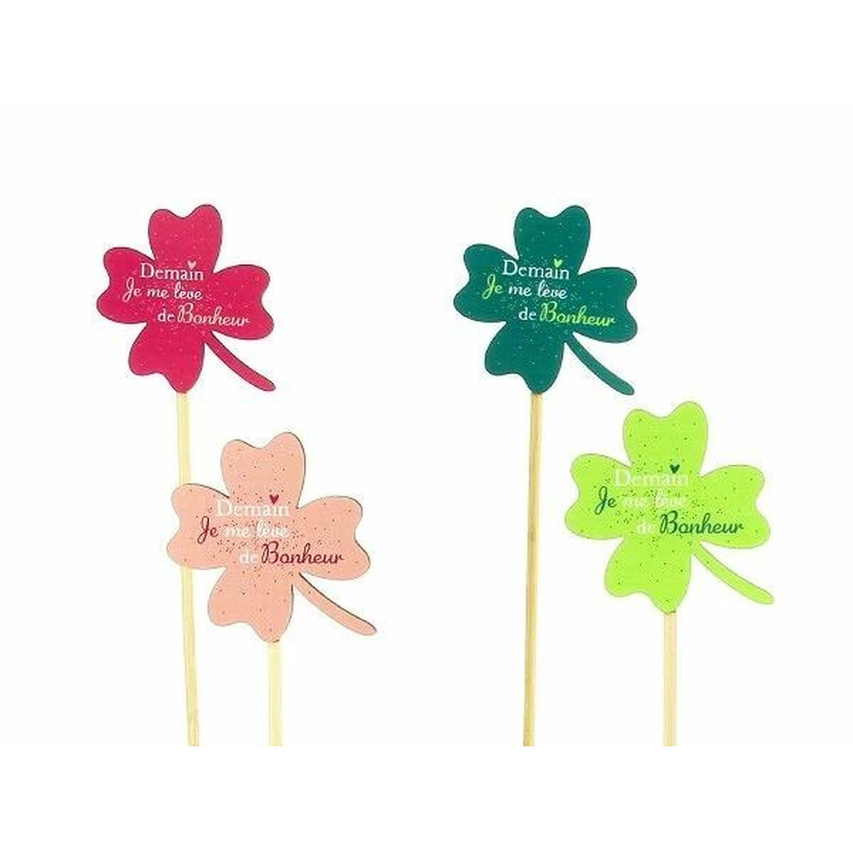 Pics en bois en forme de trèfle à quatre feuilles avec message porte-bonheur pour pots de muguet de fleuriste