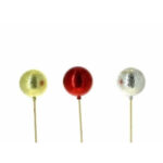 Boules brillantes dorée, rouge et argentée sur longs pics pour compositions florales de Noël de fleuriste