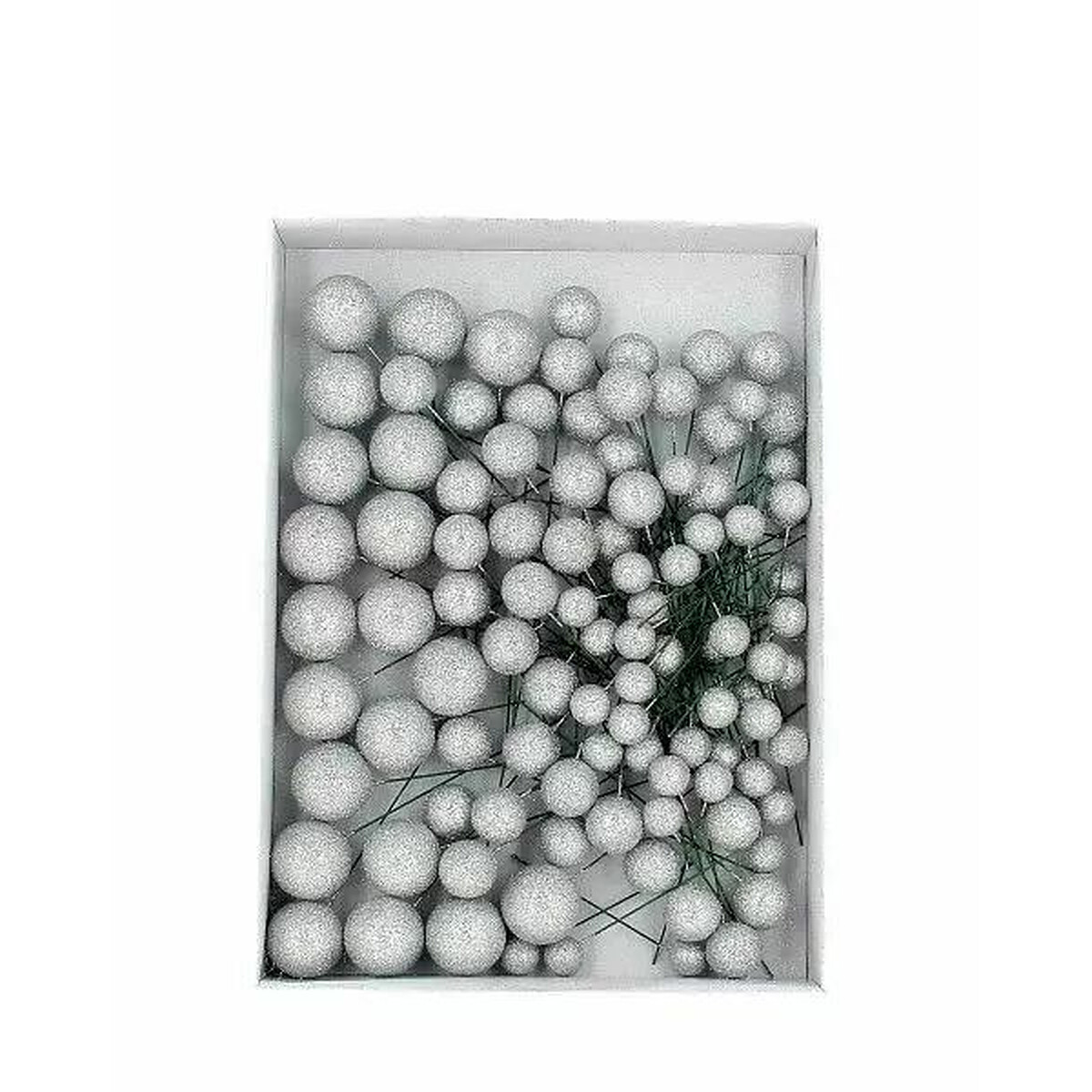 Boîte de pics boules de Noël argent pailletées sur tige verte pour compositions florales et couronnes