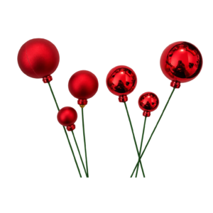 Pics boules de Noël rouges brillantes et mates sur tige verte pour compositions et couronnes de fleuriste