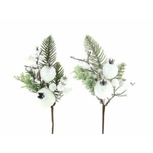 Pics bouquets givrés avec branches de sapin et fruits blancs pailletés pour compositions florales d'hiver