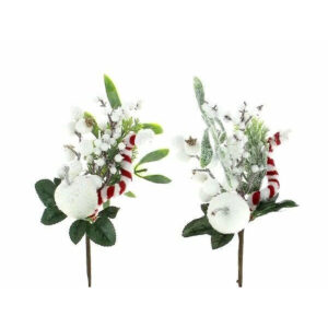 Pics bouquets givrés avec pomme blanche pailletée et sucre d'orge rouge et blanc pour décor floral de Noël