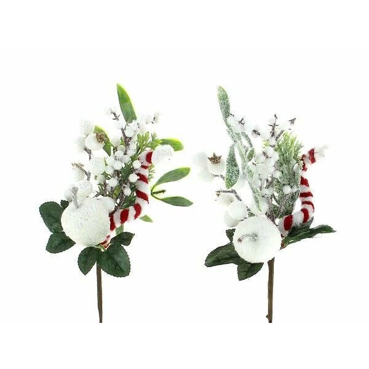 Pics bouquets givrés avec pomme blanche pailletée et sucre d'orge rouge et blanc pour décor floral de Noël
