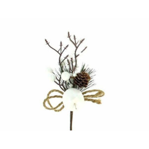 Pic bouquet d'hiver avec pomme de pin, rameaux bruns, baies blanches et nœud de ficelle pour compositions florales