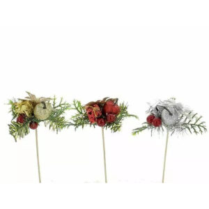 Pics bouquets de Noël avec sapin, baies rouges et pomme pailletée en or, rouge et argent pour fleuriste