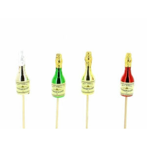 Pics mini bouteilles de champagne argentée, verte, dorée et rouge pour compositions florales de réveillon