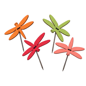 Pics libellule en bois colorés sur tige pour plantes fleuries et compositions de printemps de fleuriste