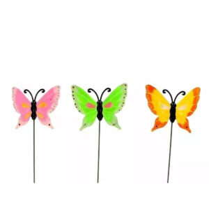 Grands pics en métal papillons rose, vert et jaune orangé pour décoration de jardinières et potées