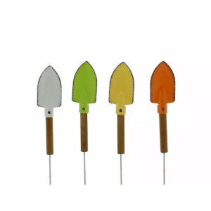 Pics en zinc en forme de petite pelle blanche, verte, jaune et orange à manche bois pour plantes en pot