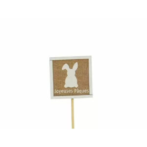 Pic en bois cadre blanc lapin et Joyeuses Pâques sur fond aspect jute pour compositions de fleuriste