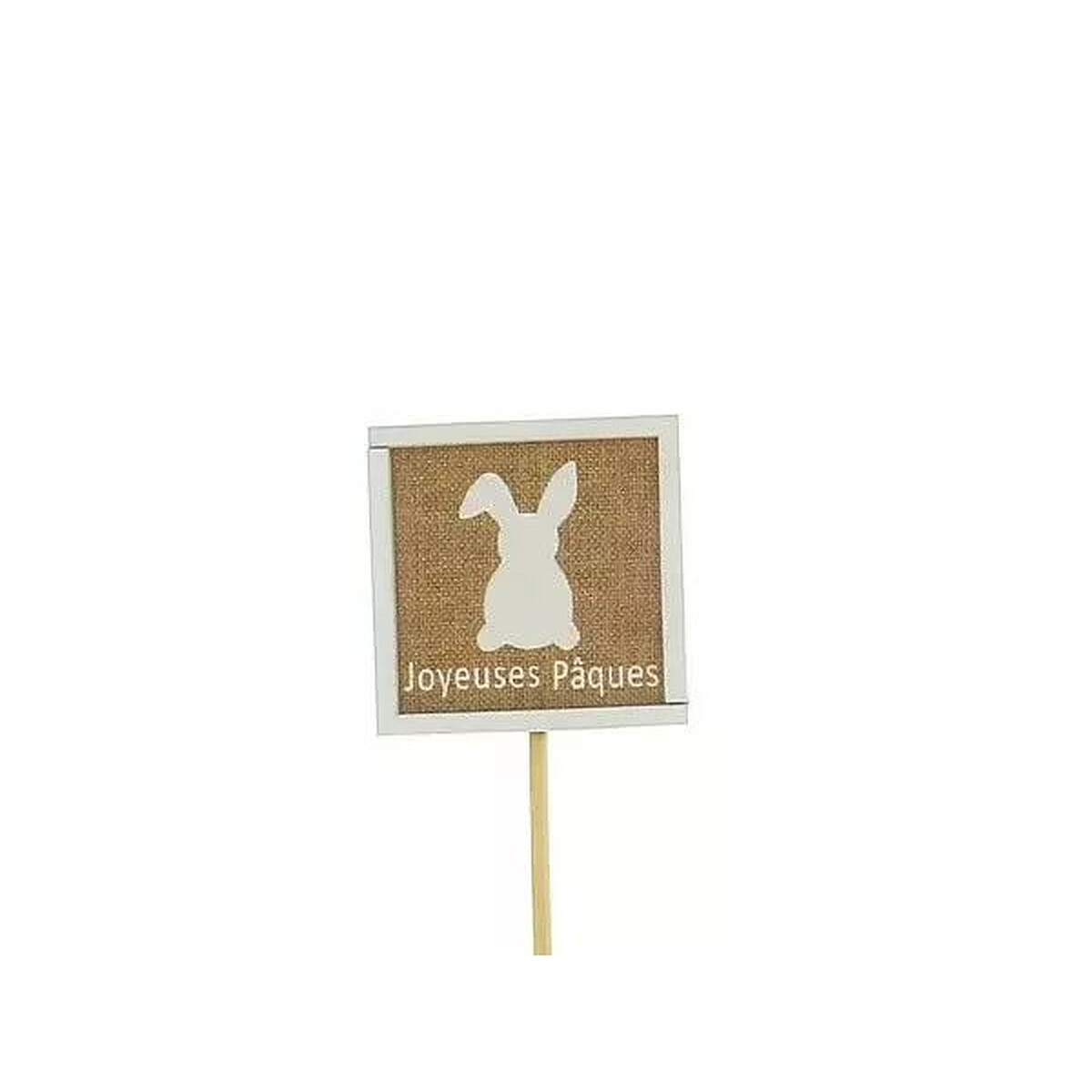 Pic en bois cadre blanc lapin et Joyeuses Pâques sur fond aspect jute pour compositions de fleuriste