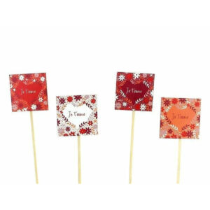 Pics en bois Je t'aime à cœur de petites fleurs rouges et blanches pour bouquets de Saint-Valentin