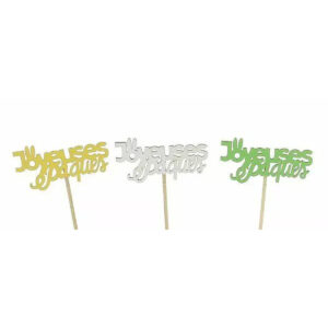 Pics en bois lettrage découpé Joyeuses Pâques jaune, blanc et vert pour compositions de printemps de fleuriste