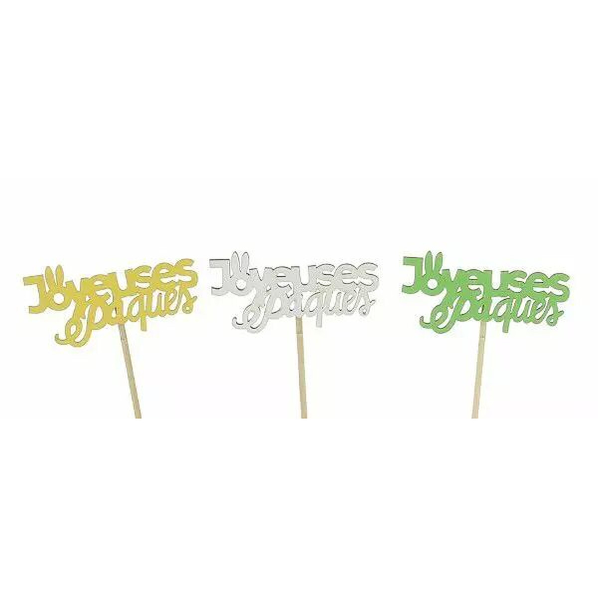 Pics en bois lettrage découpé Joyeuses Pâques jaune, blanc et vert pour compositions de printemps de fleuriste