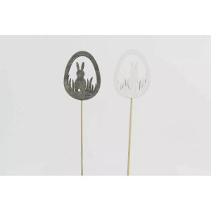 Pics en bois œuf ajouré à silhouette de lapin gris et blanc pour compositions de Pâques de fleuriste
