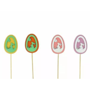Pics en bois œuf coloré avec lapin découpé en relief pour jardinières et compositions de Pâques de fleuriste