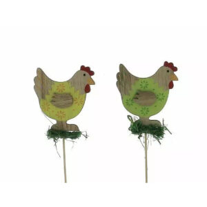 Pics en bois poule à fleurettes sur nid de fibres vertes pour paniers et compositions de Pâques de fleuriste
