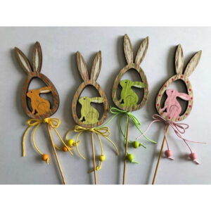 Pics en bois silhouette de lapin à œuf ajouré avec nœud et perles pour compositions de Pâques de fleuriste
