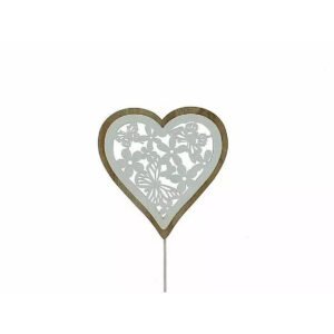 Pic cœur en bois naturel et blanc ajouré de fleurs et papillons pour bouquet de Saint-Valentin