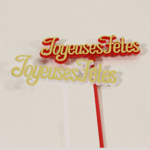 Pics Joyeuses Fêtes en lettres dorées sur découpe rouge et blanche pour compositions de Noël de fleuriste