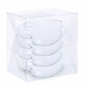 Quatre porte-noms cœur en verre transparent empilés dans leur boîte, décoration de table de mariage