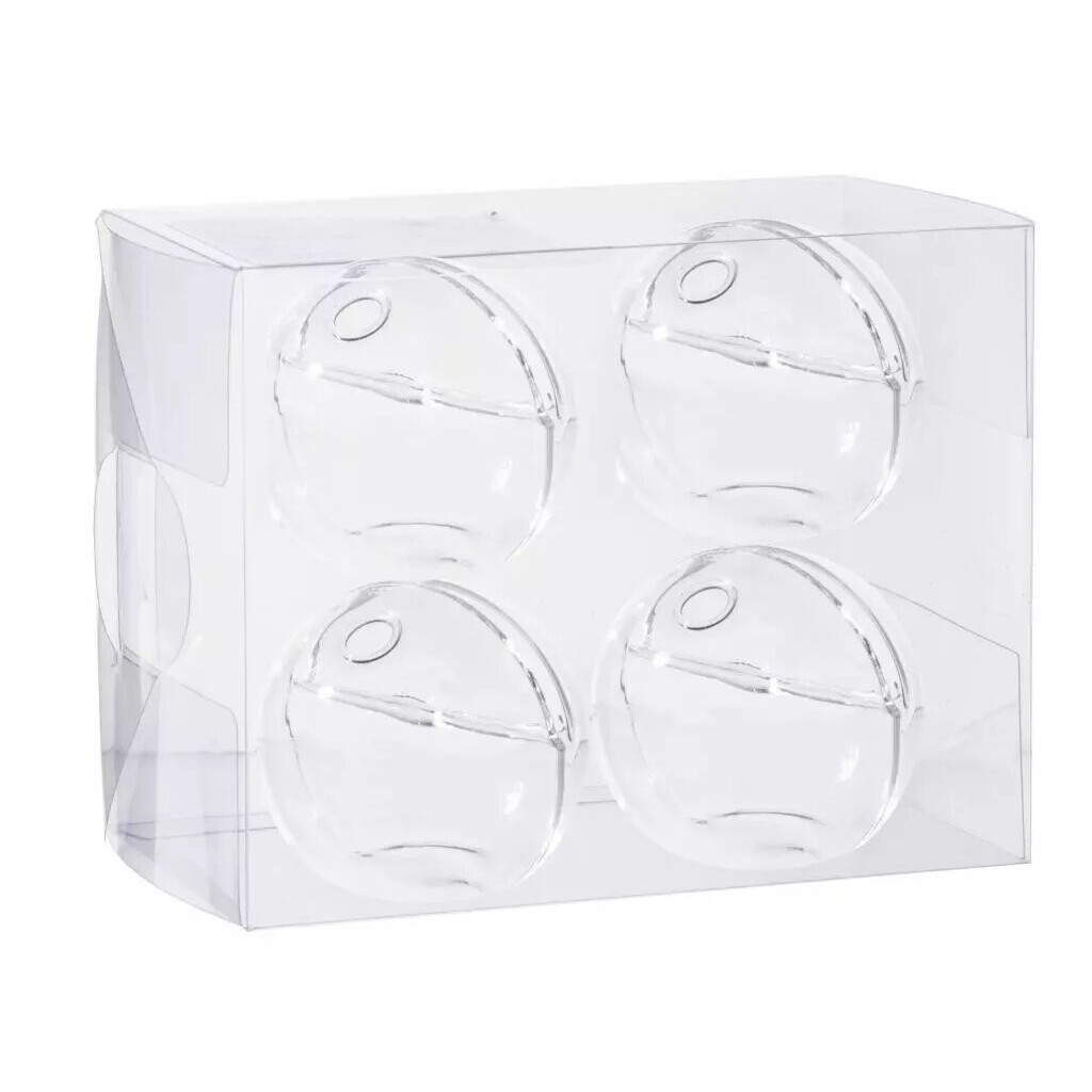 Quatre porte-noms sphère en verre transparent avec ouverture, dans leur boîte, pour décoration de table