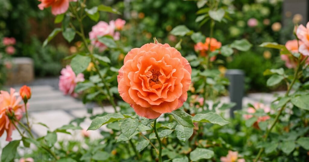 Rose orange en fleur, aux pétales chauds et lumineux, idéale pour composer un bouquet élégant