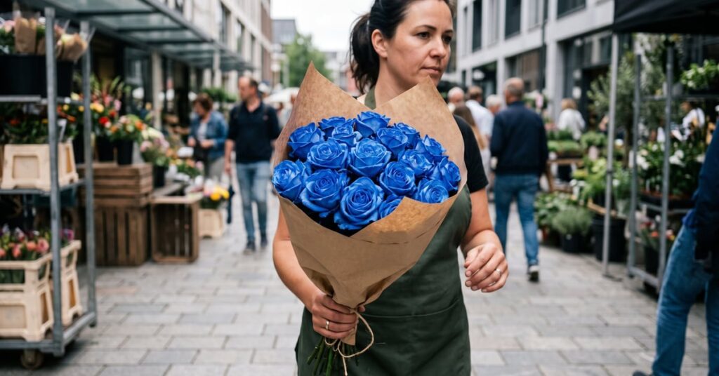 Roses bleues aux pétales d'un bleu profond et lumineux, disposées dans un cadre naturel élégant
