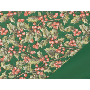 Film bulle imprimé de houx et baies rouges sur fond vert sapin pour emballage de bouquets de Noël