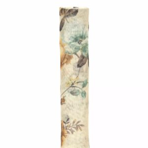 Rouleau effet lin imprimé de fleurs bleu-vert sur fond écru pour décor de fleuriste