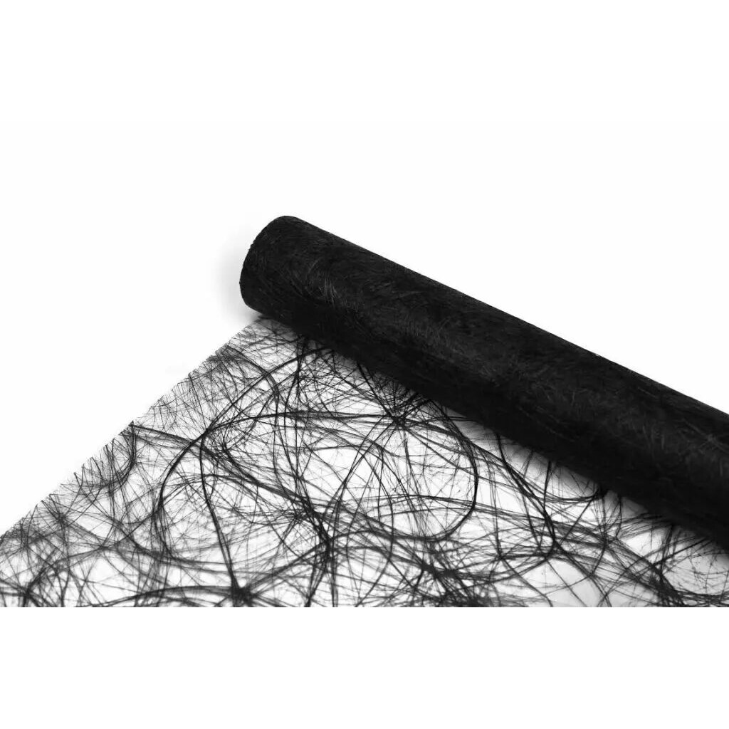 Rouleau de fibre ajourée noire aux fils enchevêtrés déroulé, pour habillage de bouquets de fleuriste
