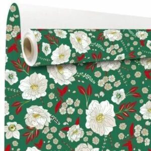 Rouleau de kraft blanc imprimé de fleurs blanches et feuilles rouges sur fond vert pour emballage de bouquets