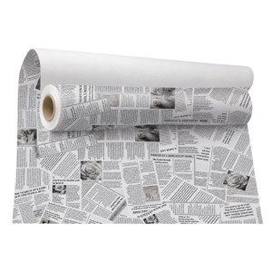 Rouleau de kraft imprimé journal gris et blanc, coupures de journaux et photos de roses, pour emballage de bouquets en boutique