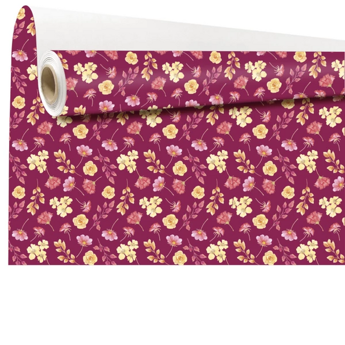 Rouleau de papier kraft blanc imprimé de fleurs jaunes et roses sur fond prune pour emballage de fleuriste