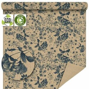 Rouleau de papier kraft brun imprimé de fleurs des champs bleu marine pour emballage de fleuriste