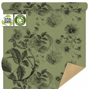 Rouleau de kraft brun imprimé de gravures botaniques noires sur fond vert sauge pour emballage de bouquets