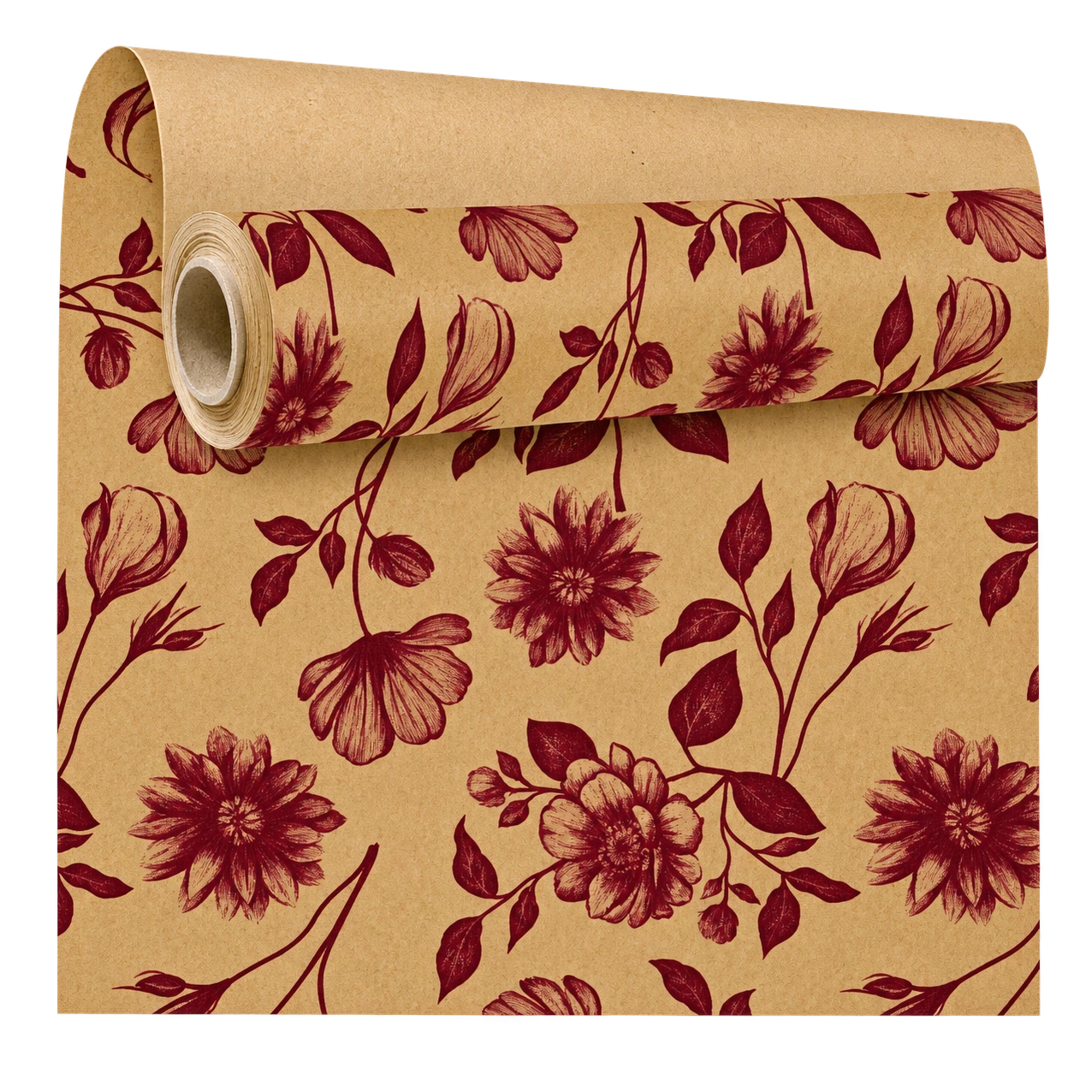 Rouleau de papier kraft brun imprimé de grandes fleurs rouge bordeaux pour emballage de fleuriste
