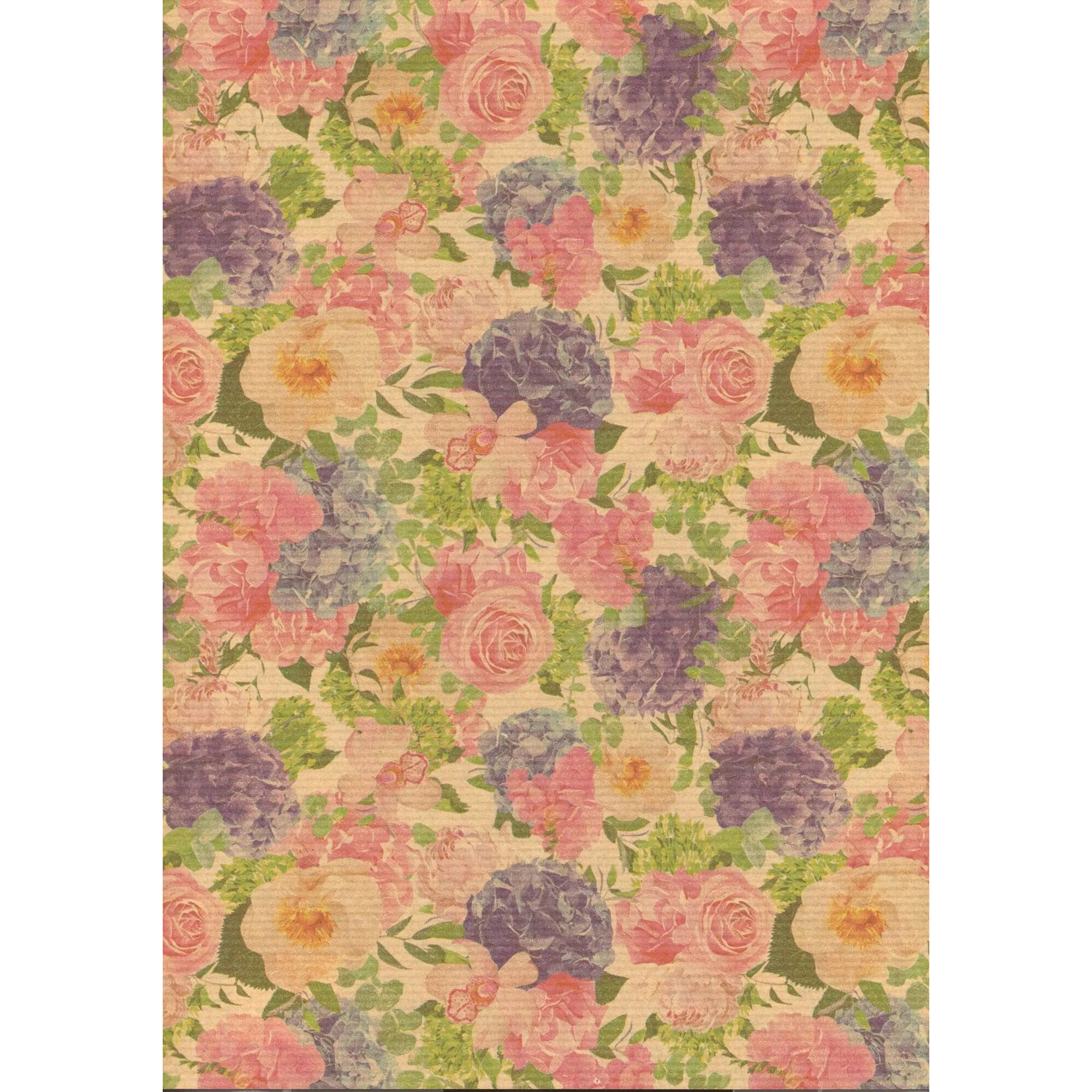 Rouleau de kraft naturel imprimé d'hortensias mauves et de roses pastel pour emballage de bouquets de mariage
