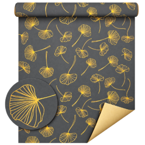 Rouleau de papier kraft anthracite imprimé de feuilles de ginkgo dorées pour emballage de fleuriste