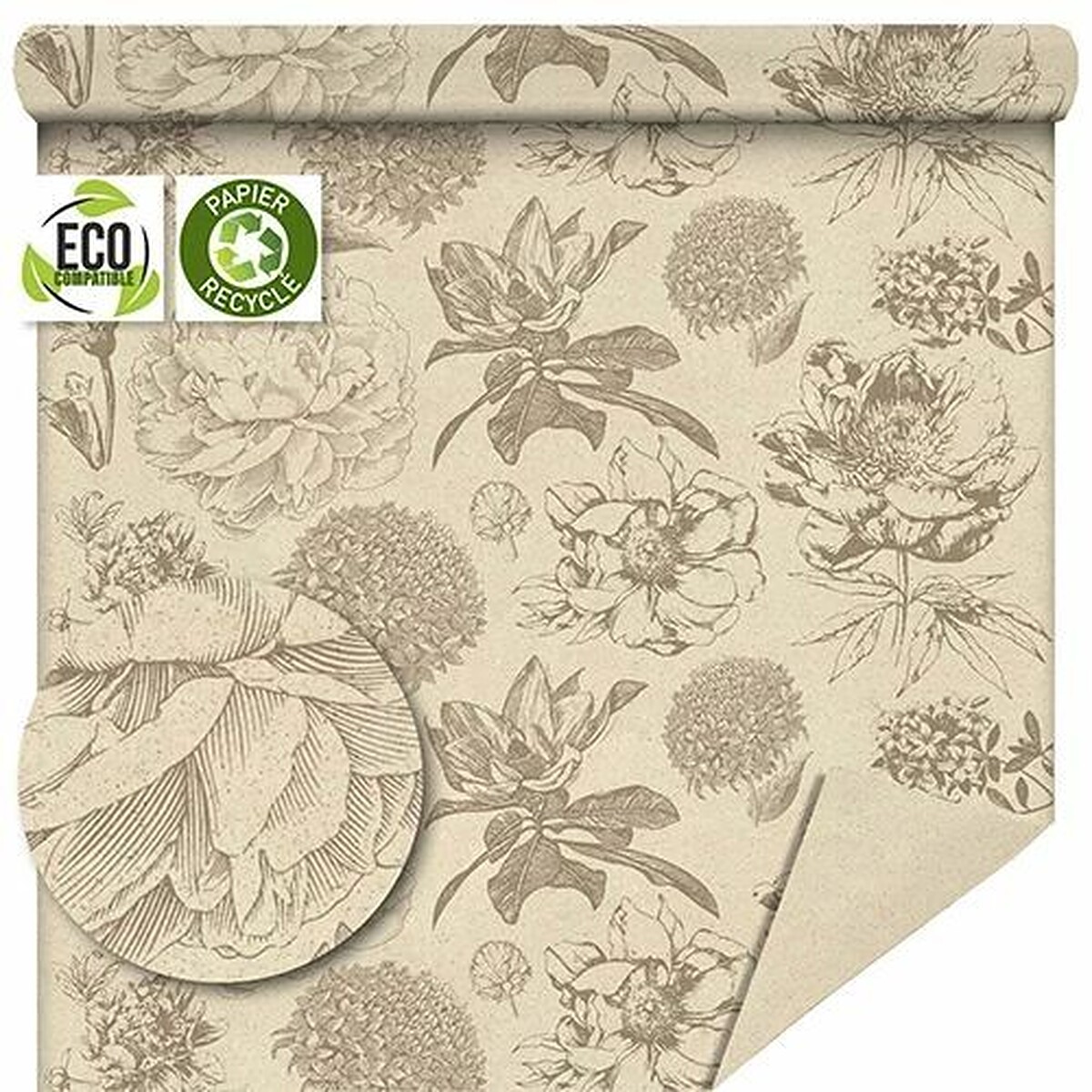 Rouleau de papier d'herbe imprimé de grandes fleurs gravées brunes pour emballage de bouquets
