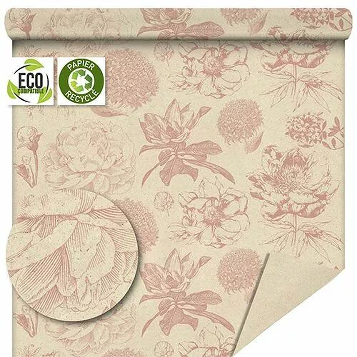 Rouleau de papier d'herbe imprimé de fleurs gravées vieux rose pour bouquets romantiques de fleuriste