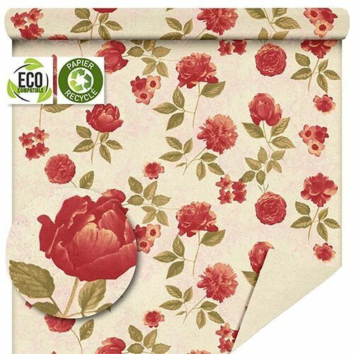 Rouleau de papier d'herbe crème imprimé de roses rouges pour emballage de bouquets de fleuriste