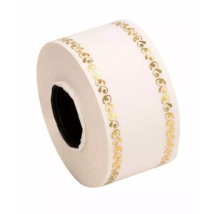Rouleau de ruban de deuil blanc bordé d'une frise dorée, support à imprimer pour gerbes de fleuriste funéraire