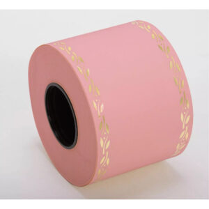 Rouleau de ruban de deuil rose à frise dorée de feuillages pour couronne funéraire