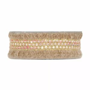 Ruban frangé effet laine naturel à bande centrale blanche et fuchsia pour bouquets champêtres de fleuriste