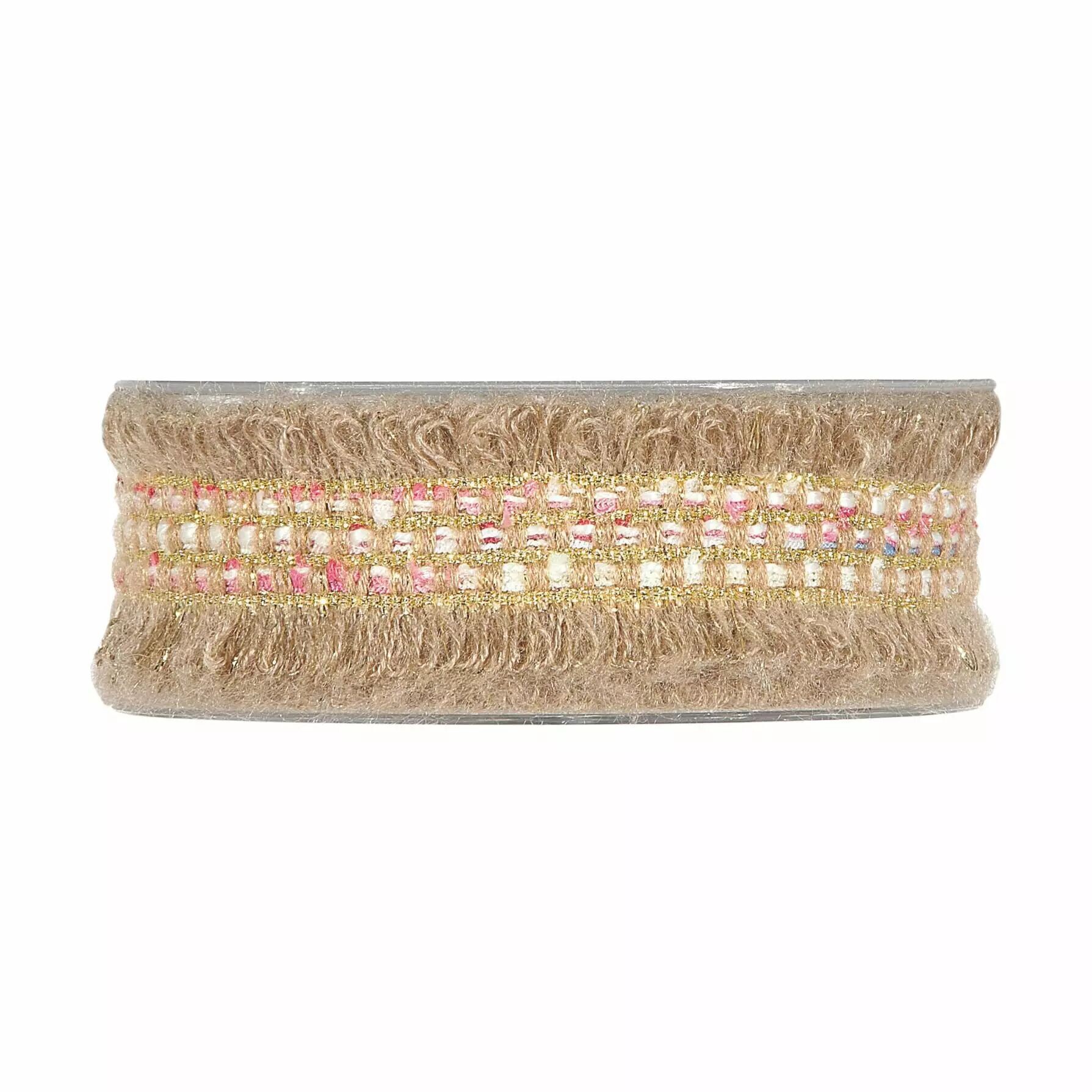Ruban frangé effet laine naturel à bande centrale blanche et fuchsia pour bouquets champêtres de fleuriste
